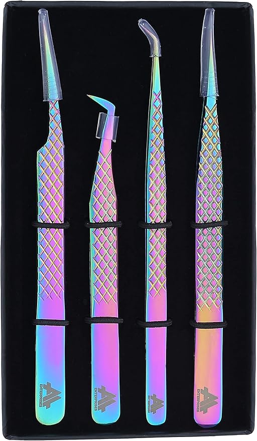 Eyelash Extension Tweezers Set 4 PCS for Volume Lash Extensions Stainless Steel Eyelash Tweezers for Extensions Kit for Lifting Lashes Straight and Curved Angled Tweezers -Gold