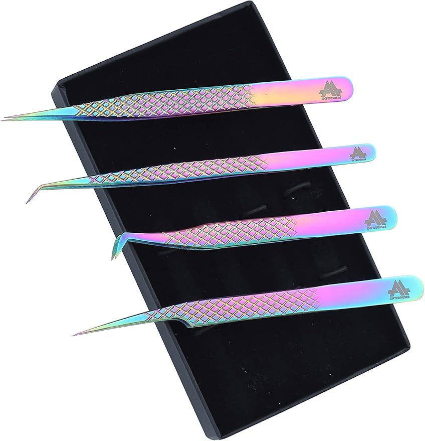 Eyelash Extension Tweezers Set 4 PCS for Volume Lash Extensions Stainless Steel Eyelash Tweezers for Extensions Kit for Lifting Lashes Straight and Curved Angled Tweezers -Gold