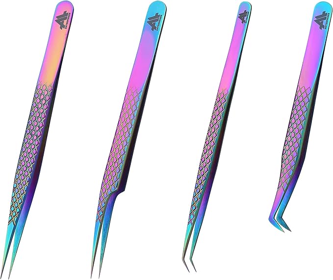Eyelash Extension Tweezers Set 4 PCS for Volume Lash Extensions Stainless Steel Eyelash Tweezers for Extensions Kit for Lifting Lashes Straight and Curved Angled Tweezers -Gold