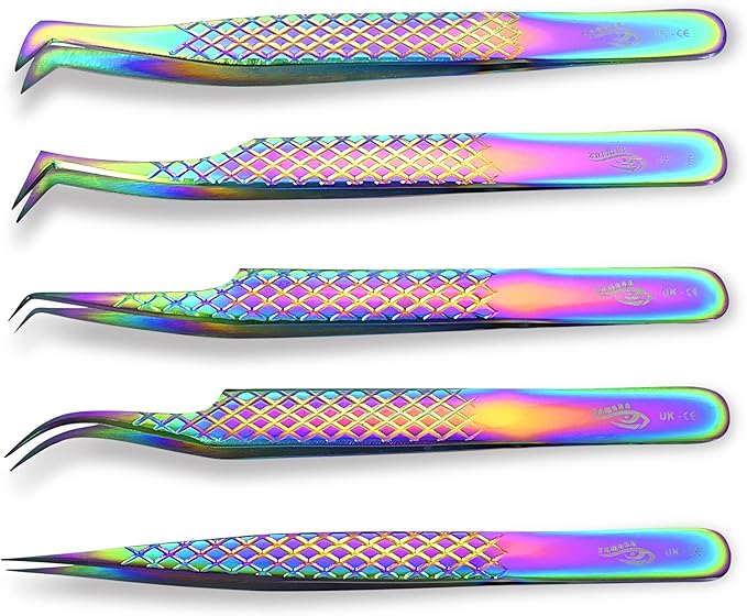 Eyelash Extension Tweezers Set 4 PCS for Volume Lash Extensions Stainless Steel Eyelash Tweezers for Extensions Kit for Lifting Lashes Straight and Curved Angled Tweezers -Gold