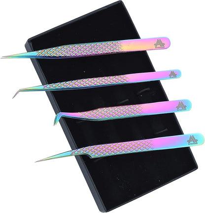 Eyelash Extension Tweezers Set 4 PCS for Volume Lash Extensions Stainless Steel Eyelash Tweezers for Extensions Kit for Lifting Lashes Straight and Curved Angled Tweezers -Gold